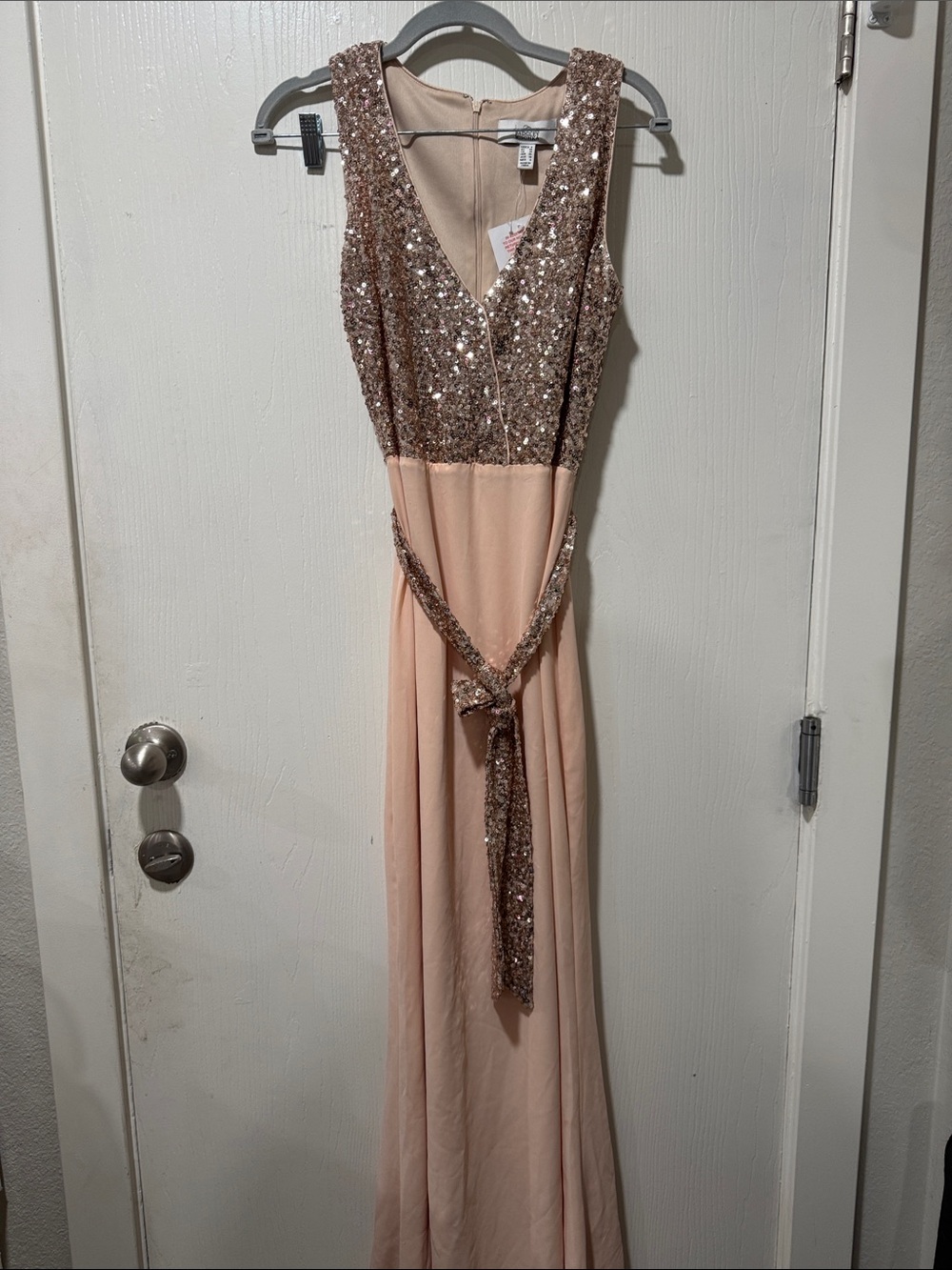 NWT Belle Badgley Mischka Sequin Bodice Sleeveless Evening Gown - Blush